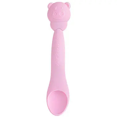 Marcus & Marcus Feeding Spoon pink bear-top handle; held upright for easy baby feeding.