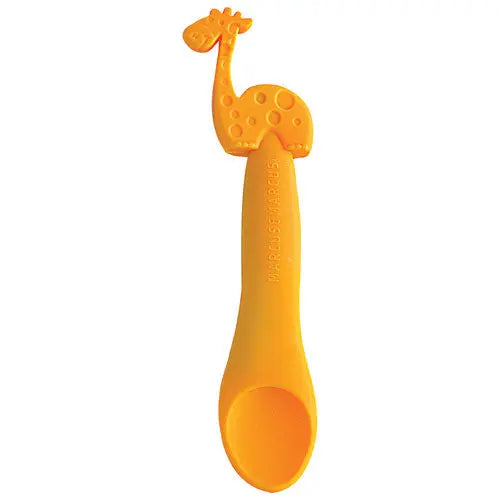 Marcus & Marcus Feeding Spoon, bright yellow giraffe-design handle with curved ergonomic grip and shallow bowl