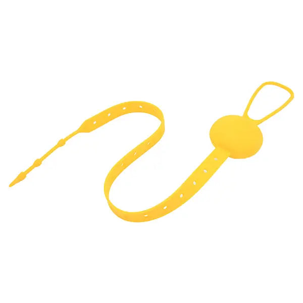 Marcus & Marcus Flip N' Strap pacifier clip, yellow silicone with adjustable strap looped to attach to clothing.