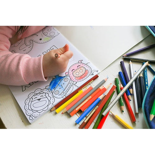 Marcus & Marcus Healthy Eating Colouring Book with Sticker for kids; coloring page with colorful pencils scattered