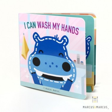 Marcus & Marcus I Can Wash My Hands board book featuring a blue hippo on pastel pages
