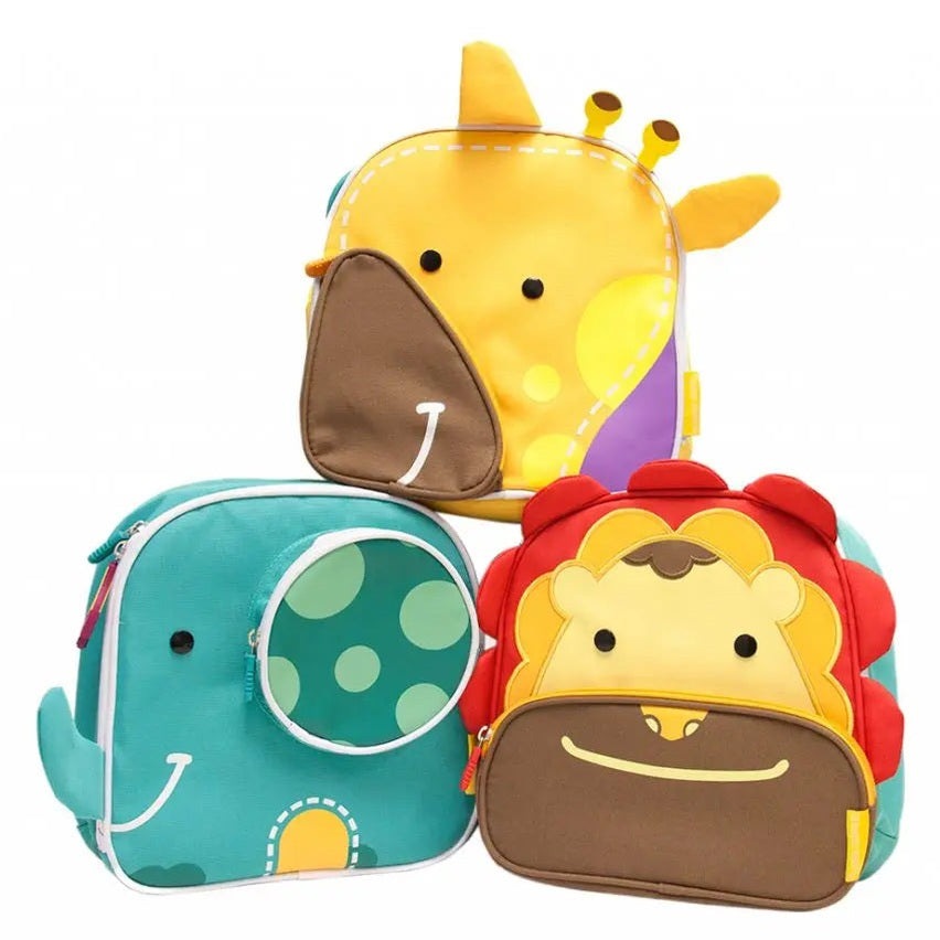 Marcus & Marcus Insulated Backpack set with three animal designs: turquoise elephant, yellow giraffe, red lion standing together.
