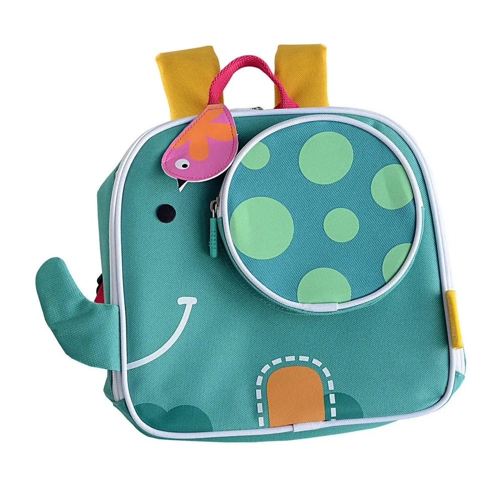 Marcus & Marcus Insulated Backpack in teal with lime polka dots and yellow straps, round front pocket.