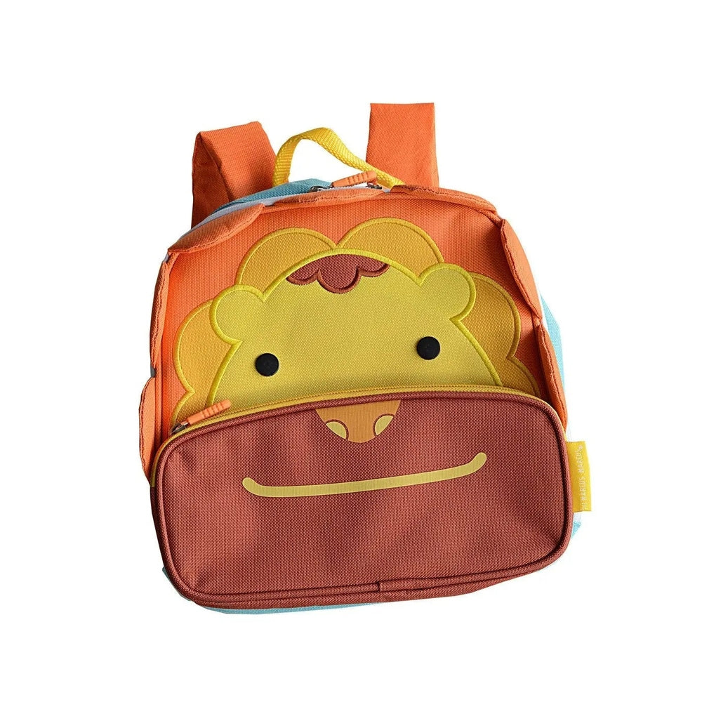 Marcus & Marcus Insulated Backpack for kids, orange with a yellow lion face and front zip pocket.