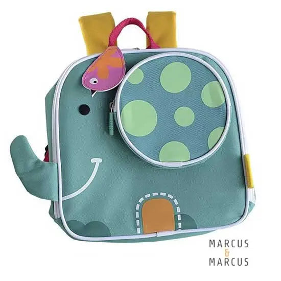 Marcus & Marcus Insulated Backpack in teal elephant print with lime polka-dots and yellow straps, zipper pocket visible