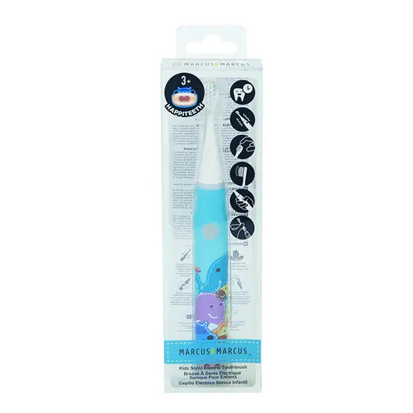 Marcus & Marcus Kids Sonic Electric Toothbrush, blue handle with sea-creature graphic, shown in kid-friendly packaging.
