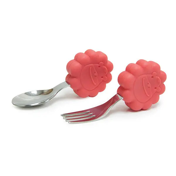 Marcus & Marcus Palm Grasp Fork And Spoon set, two pink flower-handled utensils for easy toddler feeding