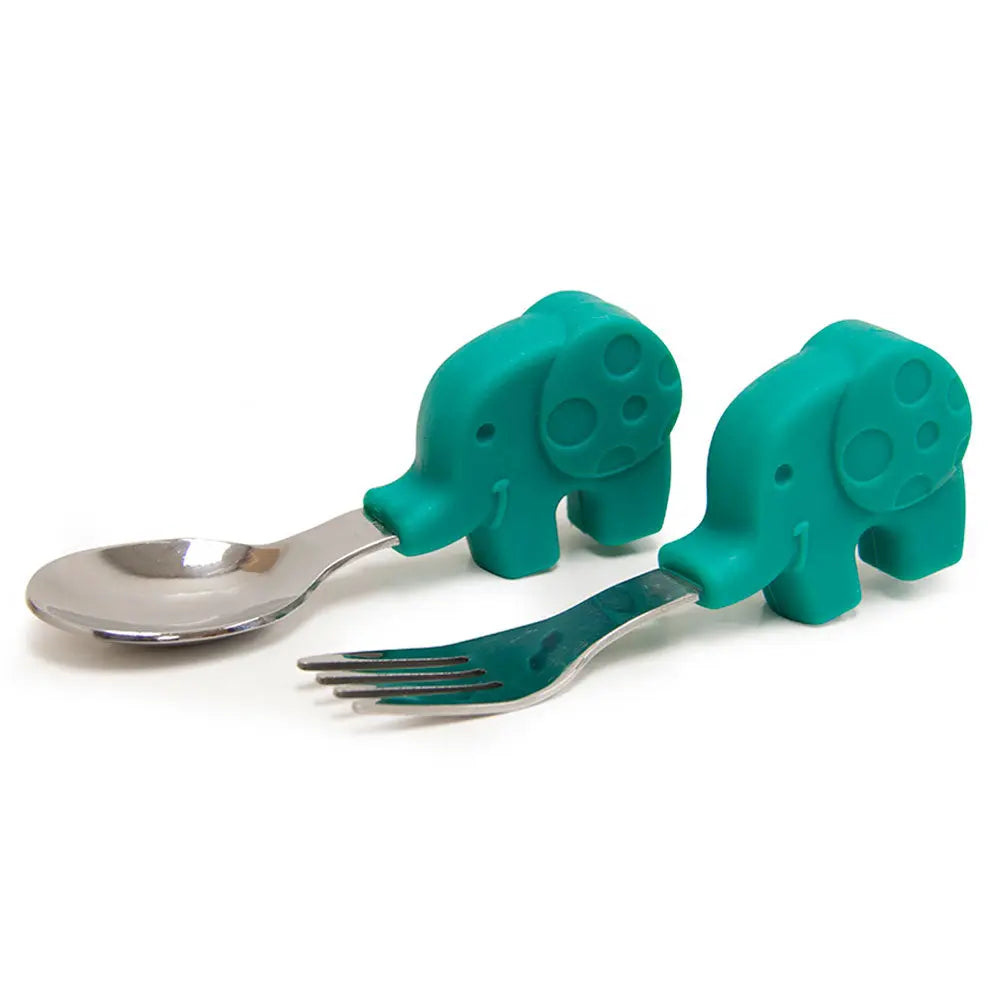 Marcus & Marcus Palm Grasp Fork and Spoon set, teal elephant handles, two-piece toddler feeding utensils shown.