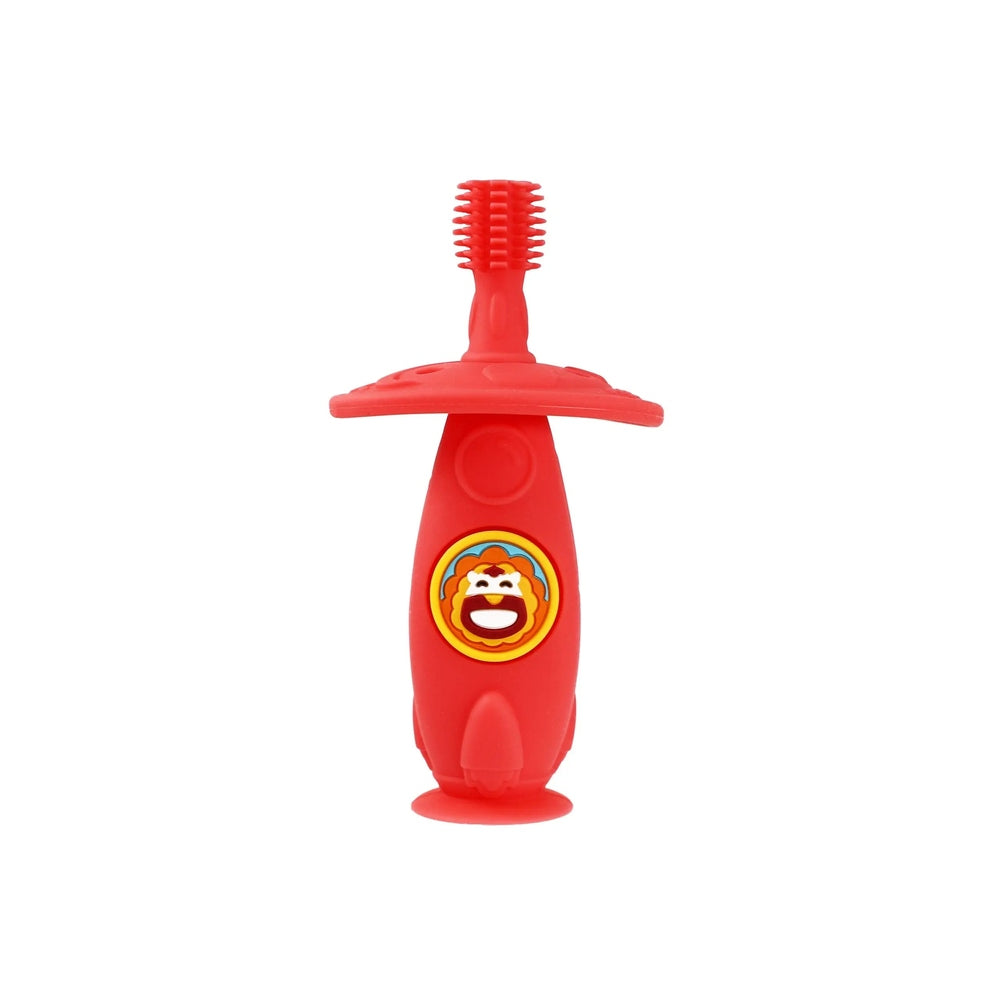 Marcus & Marcus Self Training 360 Toothbrush for toddlers, red silicone with lion logo, standing on its base.