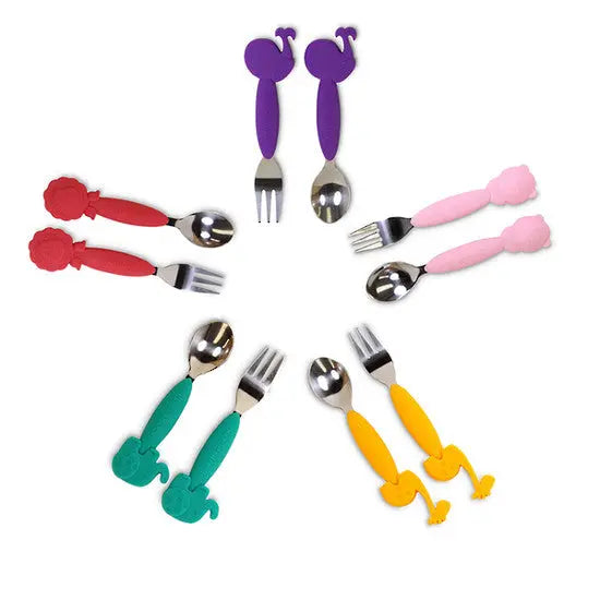 Marcus & Marcus Spoon & Fork Set for toddlers, colorful animal handles; eight-piece set arranged in a circle.