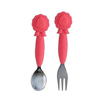 Marcus & Marcus Spoon&Fork Set for babies, pink handles with rose toppers, displayed side by side for easy feeding.