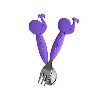 Marcus & Marcus Spoon&Fork Set with purple elephant handles held together for easy feeding.