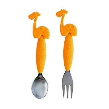 Marcus & Marcus Spoon & Fork Set for babies with orange animal-shaped handles; two-piece feeding utensils.