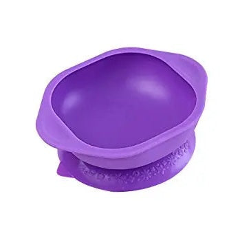 Marcus & Marcus Suction Bowl in purple silicone, securely attached to the table by its suction base.
