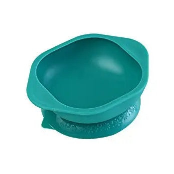 Marcus & Marcus Suction Bowl, teal silicone with suction base held steady on the tray during feeding