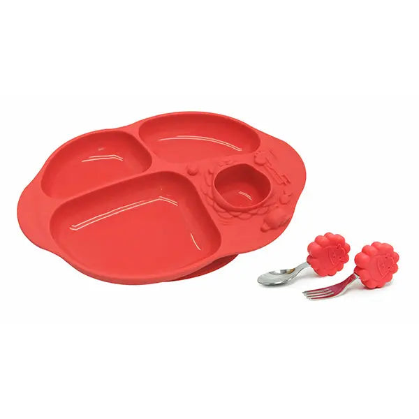 Marcus & Marcus Toddler Dining Set: red silicone plate with three sections and a flower-shaped spoon and fork laid beside.