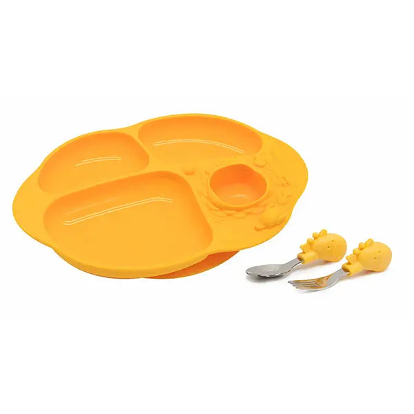 Marcus & Marcus Toddler Dining Set yellow silicone divided plate with three compartments and matching spoons