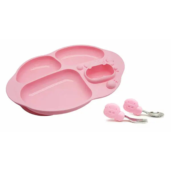 Marcus & Marcus Toddler Dining Set: pink silicone divided plate with three compartments and panda-handled forks beside.