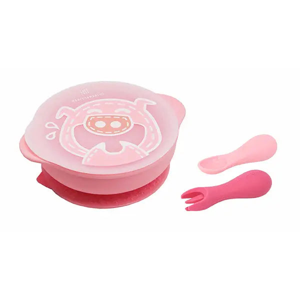Marcus & Marcus Toddler First Self Feeding Set pink pig suction plate with spoon and fork, 3 pcs