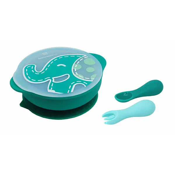 Marcus & Marcus Toddler First Self-Feeding Set: teal elephant plate with lid and two spoons for self-feeding