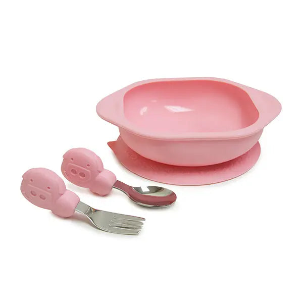 Marcus & Marcus Toddler Mealtime Set: pink bowl plus pig-themed spoon and fork handles, a 3-piece feeding set.