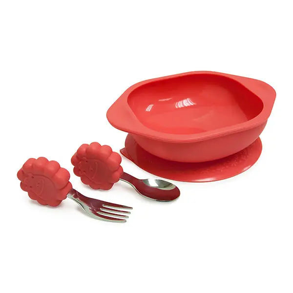 Marcus & Marcus Toddler Mealtime Set: red silicone bowl with flower-shaped spoon and fork handles.