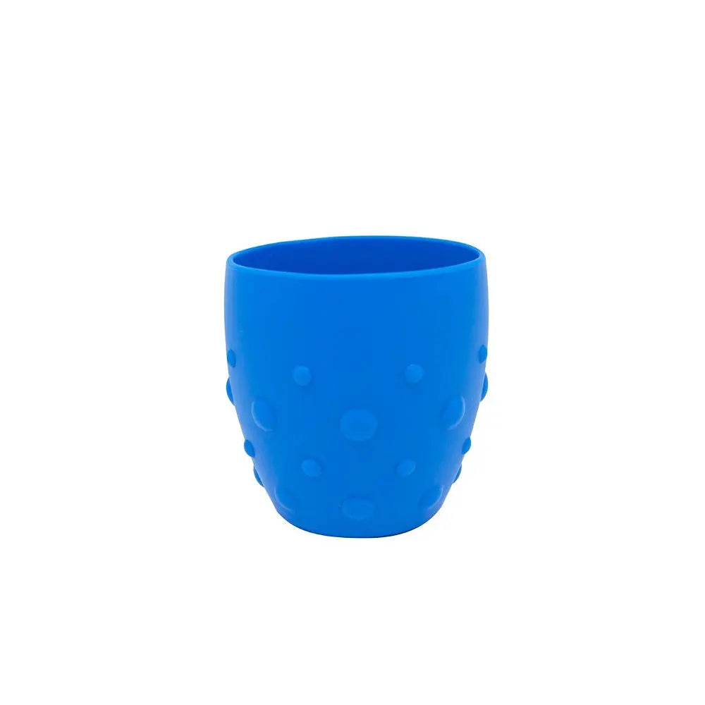 Marcus & Marcus Training Cup, blue silicone cup with raised dot texture, standing upright.