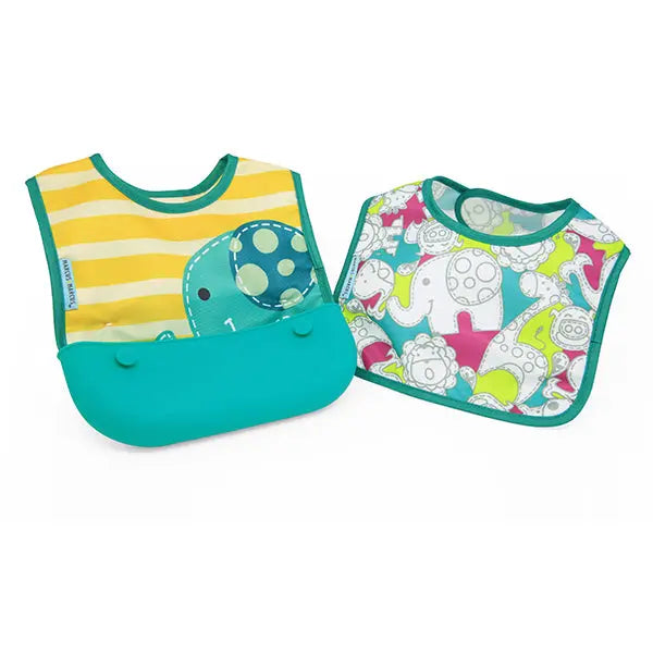 Marcus & Marcus Travel Bibs set: two silicone-pocket bibs in teal and colorful prints, one catching crumbs in its front pocket.