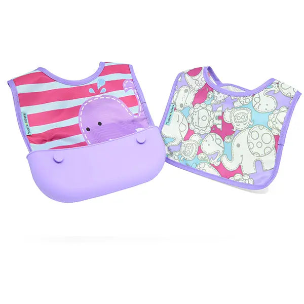 Marcus & Marcus Travel Bib set of 2 in lavender trim, pink striped whale design and pastel cartoon print, showing snap closures.