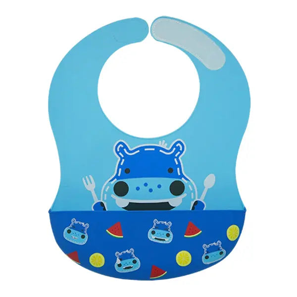 Marcus & Marcus Wide Coverage Silicone Bib in blue with hippo print catching spills in the front pocket.