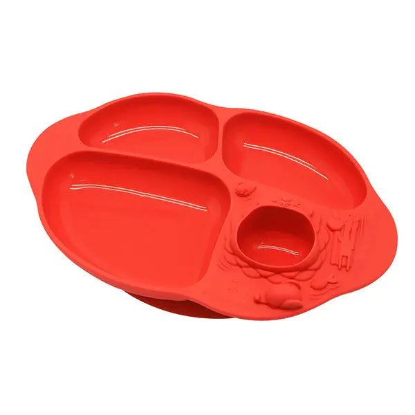 Marcus & Marcus Yummy Dips suction divided plate, red silicone with four sections and secure suction base.