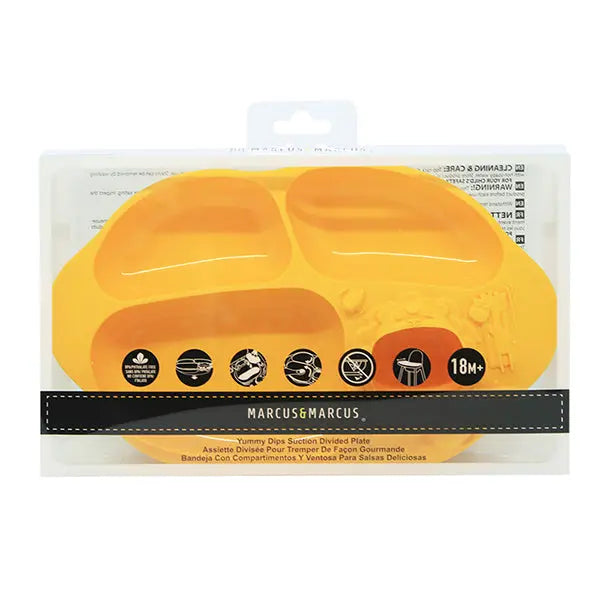 Marcus & Marcus Yummy Dips Suction Divided Plate, bright yellow silicone with four compartments and a suction base for mess-free feeding.
