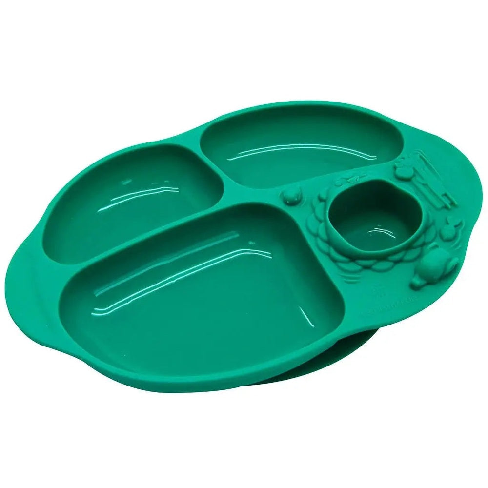 Marcus & Marcus Yummy Dips suction divided plate in teal-green with three compartments and built-in cup well