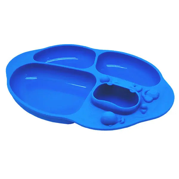 Marcus & Marcus Yummy Dips Suction Divided Plate blue silicone baby feeding plate with suction base gripping the table