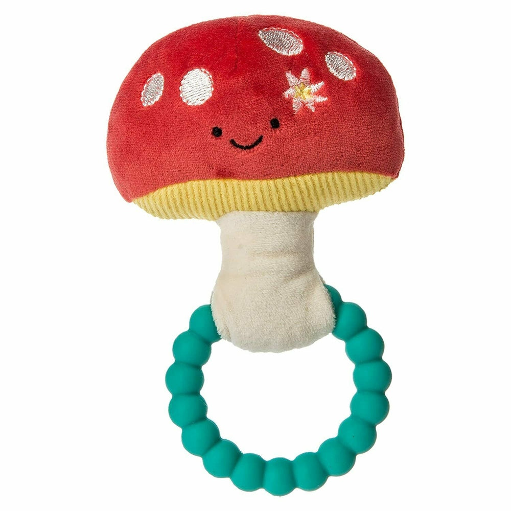 Mary Meyer Fairyland mushroom teether rattle; red plush cap with white spots and teal beaded ring