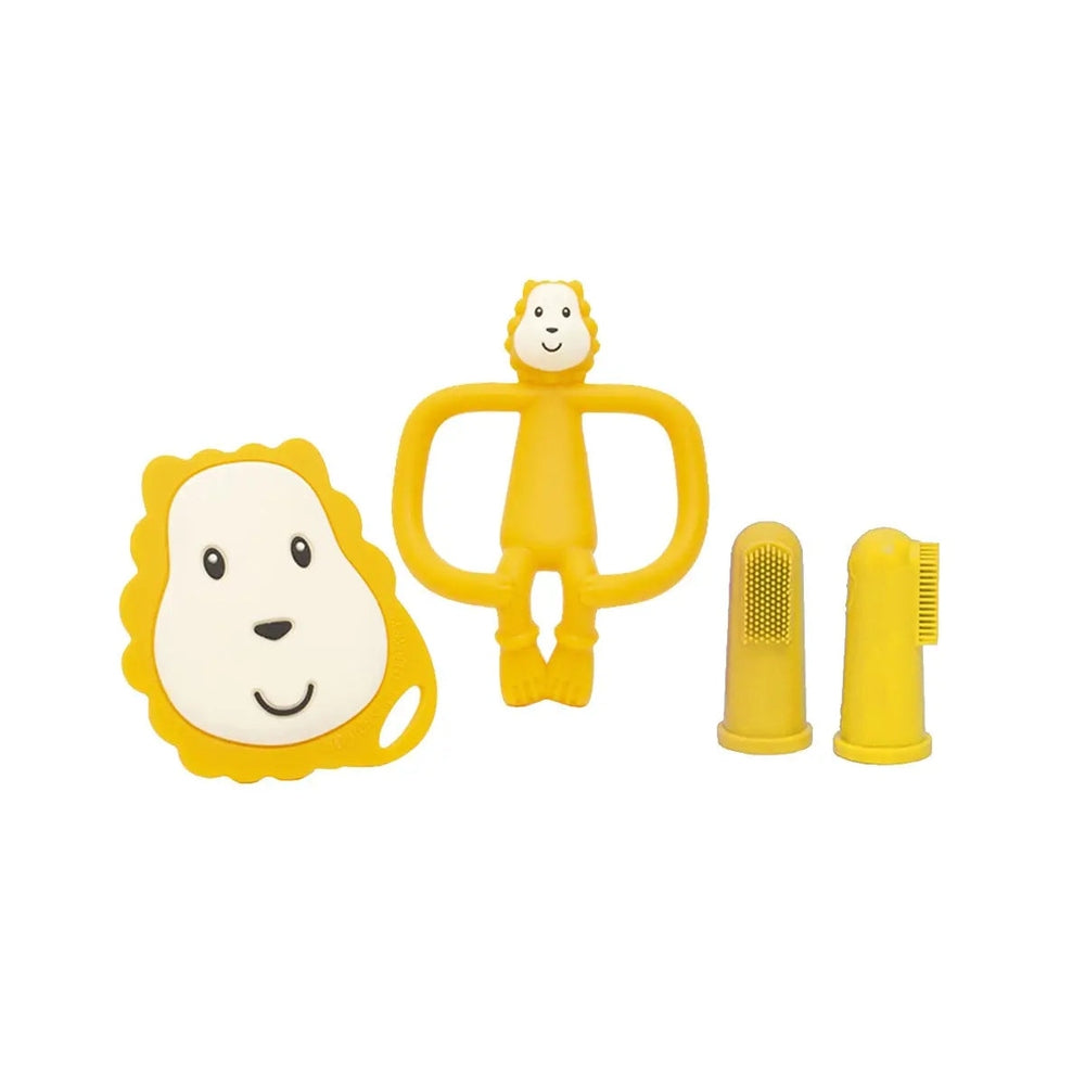Matchstick Monkey Starter Set teether in yellow with monkey head charm, clip-on grip, and two textured attachments