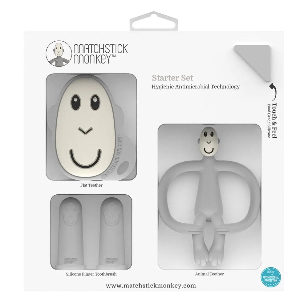 Matchstick Monkey Starter Set, antibacterial teether bundle with flat & animal teethers plus two silicone finger brushes.
