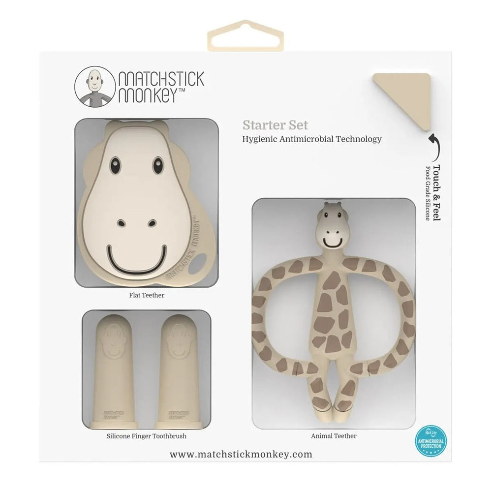 Matchstick Monkey Starter Set beige teething toys in box, showing the animal-shaped teether and two silicone finger toothbrushes.