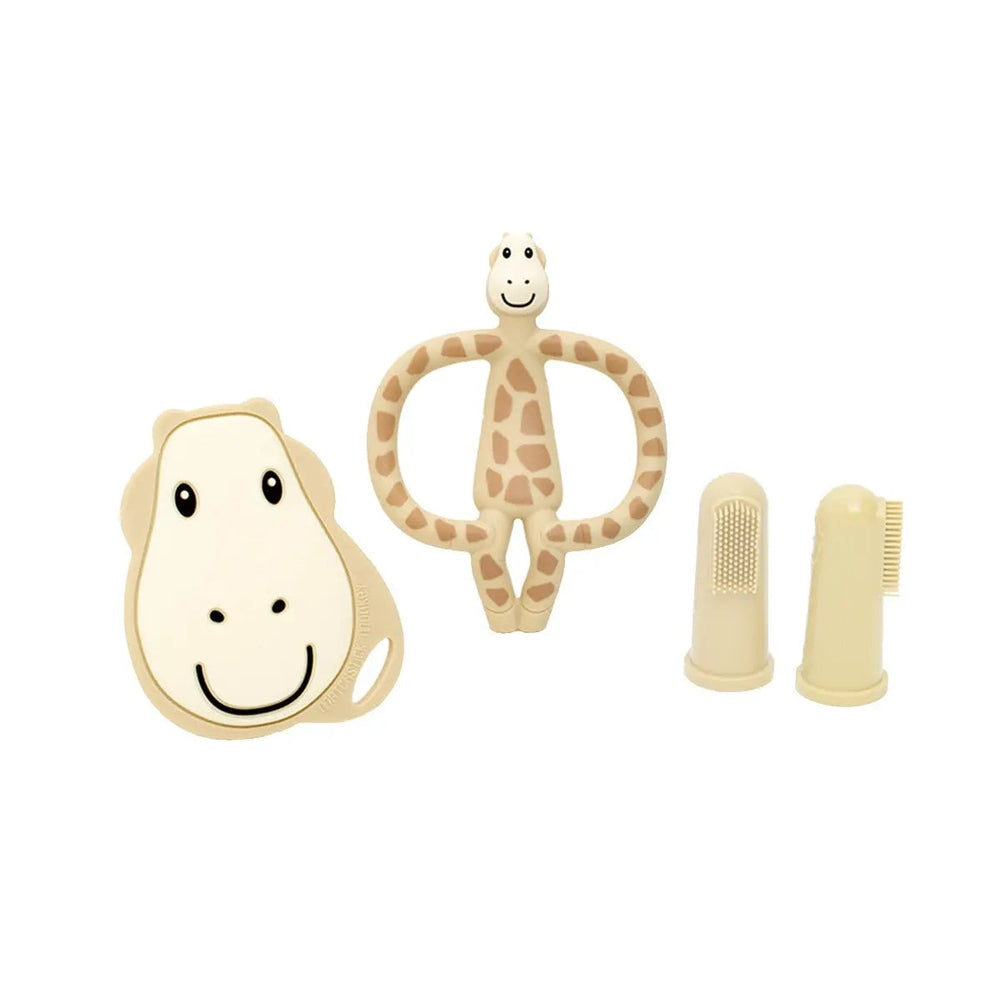 Matchstick Monkey Starter Set teether in cream with giraffe-pattern loop teether and two silicone caps