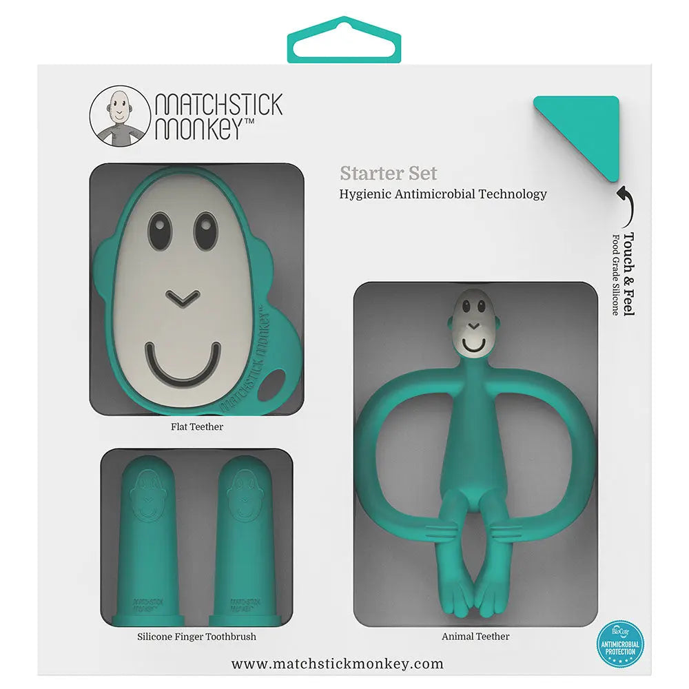 Matchstick Monkey Starter Set teether kit in teal silicone with flat teether, two finger toothbrushes, and animal teether shown inside packaging.