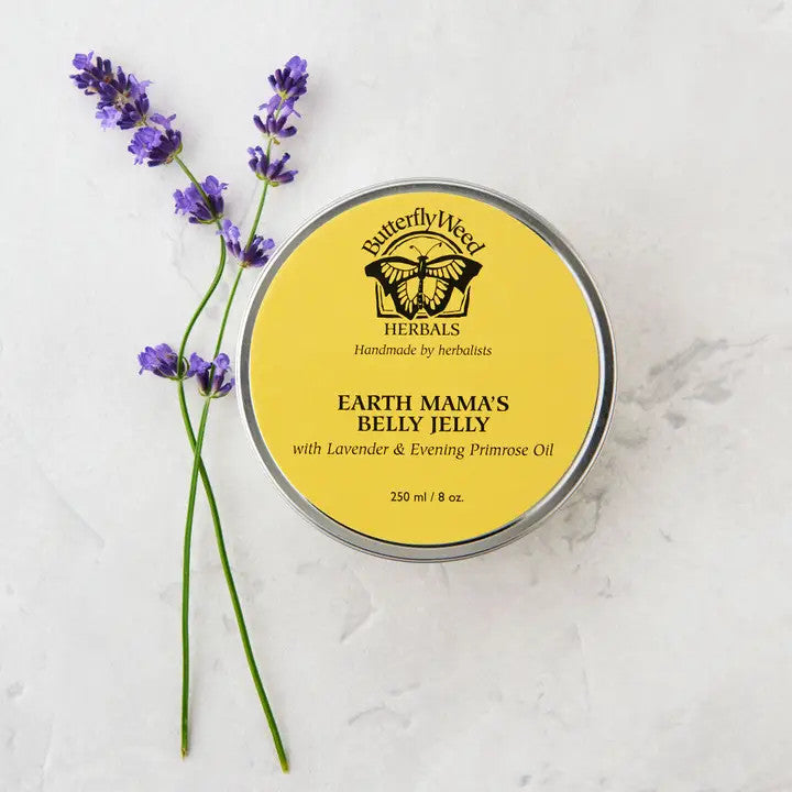 Matter Company Butterfly Weed Earth Mama's Belly Jelly tin, yellow label with lavender & evening primrose oil, 250 ml