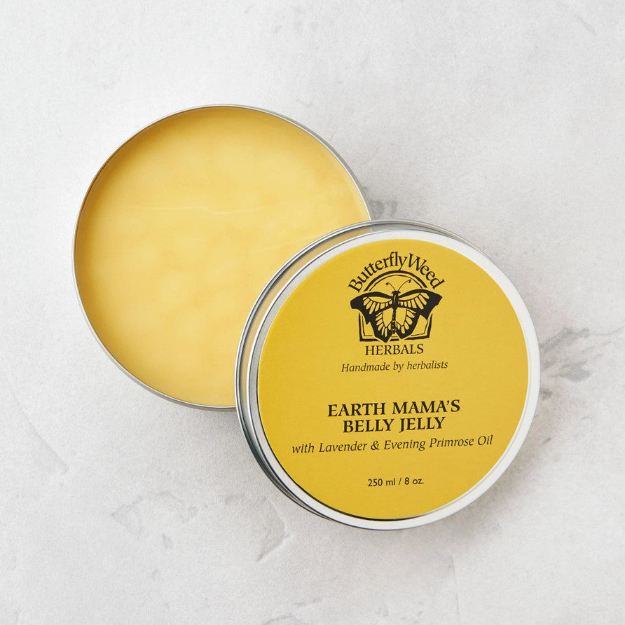 Earth Mama's Belly Jelly by Matter Company in a bright yellow tin with Butterfly Weed Herbal logo