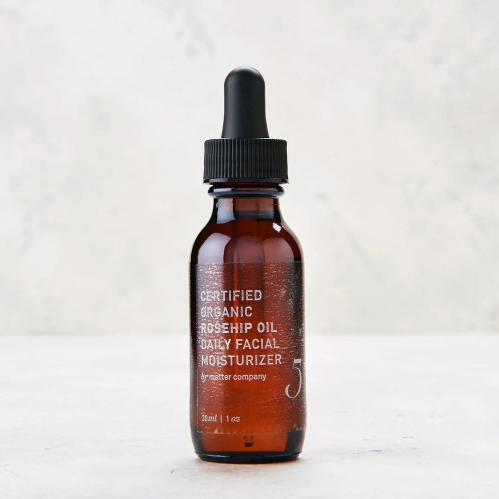 Matter Company Rose Hip Daily Facial Moisturizer, certified organic, amber glass bottle with dropper