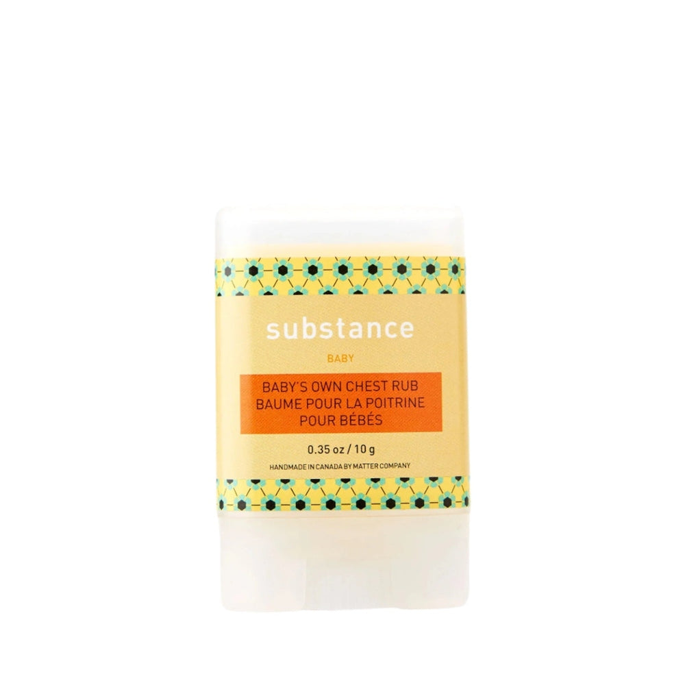 Matter Company Substance Baby Chest Rub, 10 g, beige label with teal-yellow patterned band