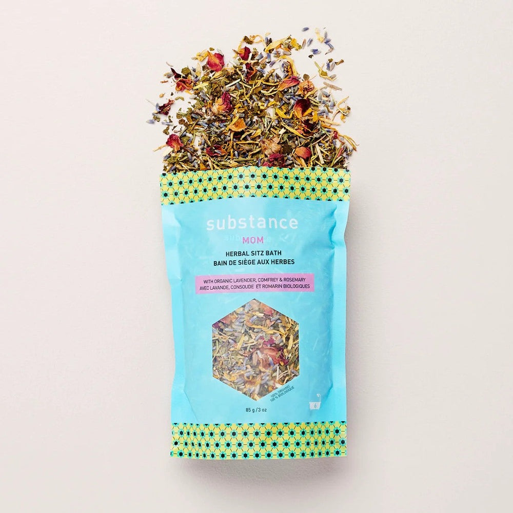 Matter Company Substance Herbal Sitz Bath in a blue pouch with dried herb blend spilling.