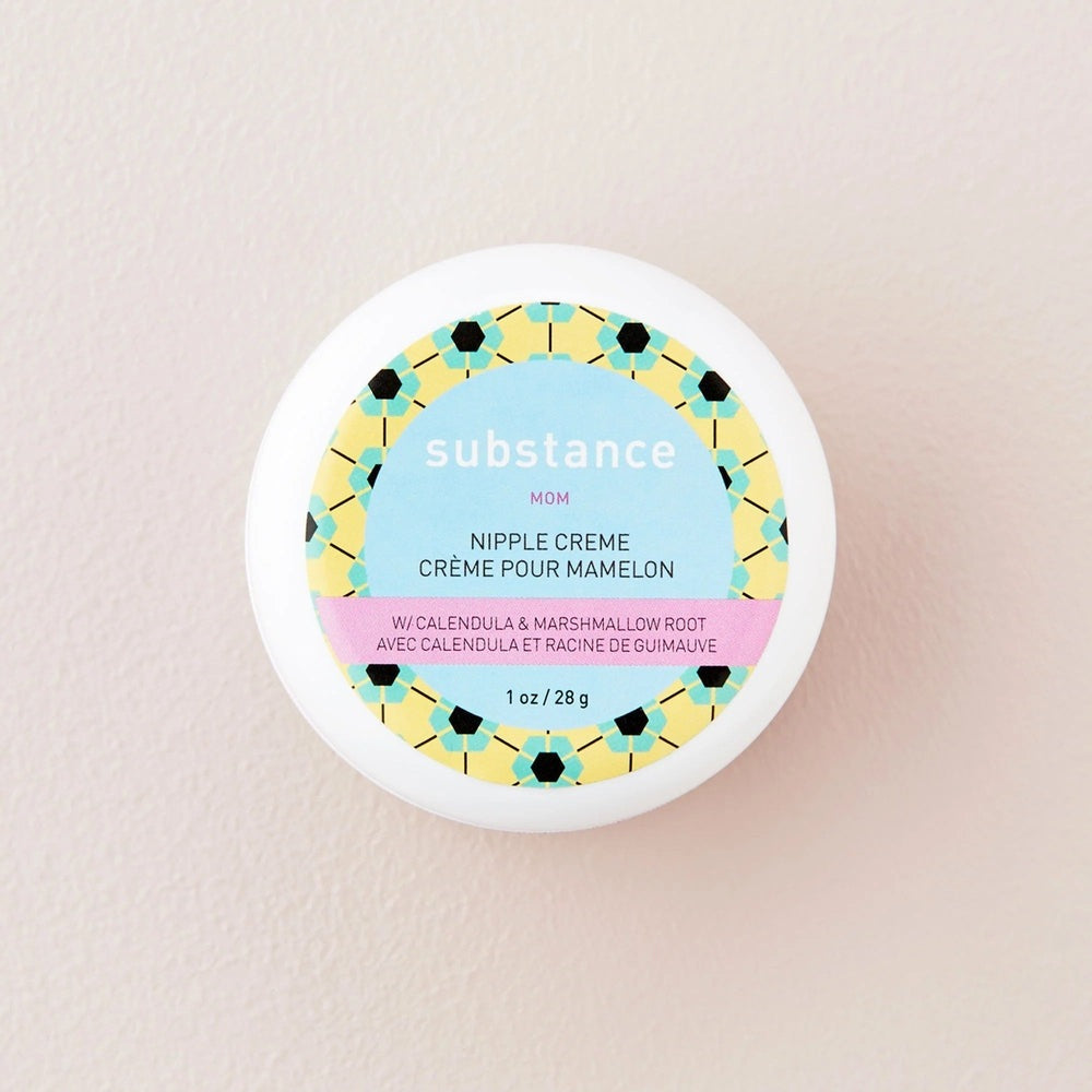 Matter Company Substance nipple cream, blue label on round white jar with pink band, 1 oz / 28 g.