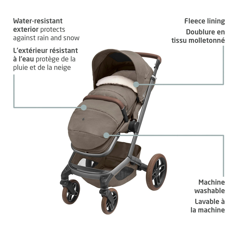 MAXI COSI 2 In 1 Footmuff Twillic Truffle on a stroller, fleece-lined, water-resistant exterior, machine washable.