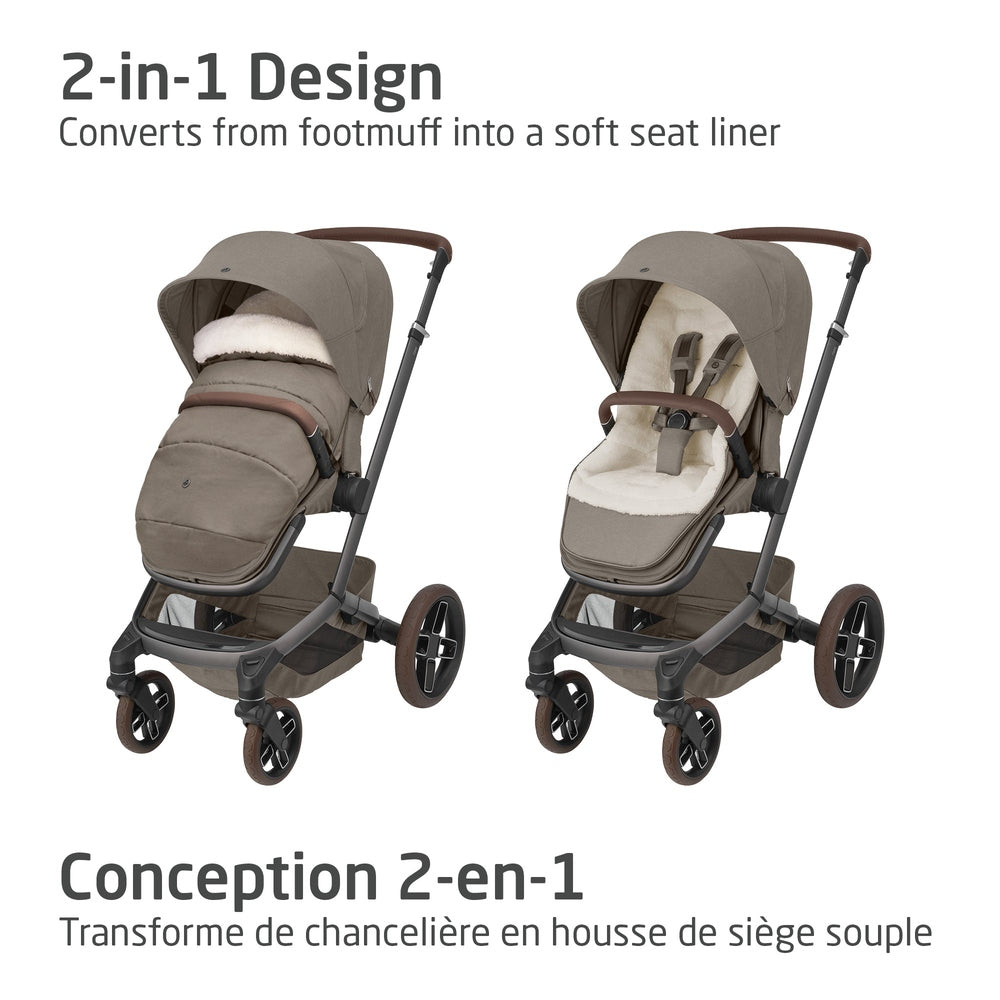Maxi Cosi 2 In 1 Footmuff Twillic Truffle for strollers, converting from cozy footmuff to plush seat liner.