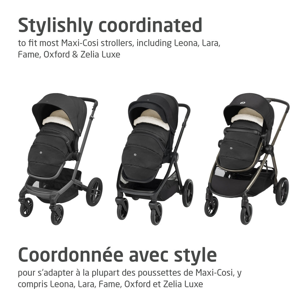 MAXI COSI 2 In 1 Footmuff Twillic Black mounted on three strollers, showing plush warmth for chilly rides.