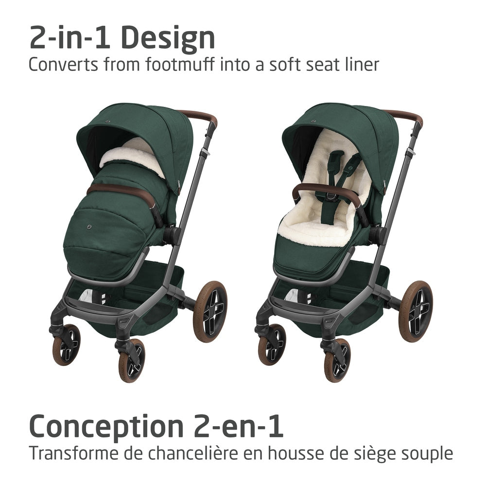 Maxi-Cosi 2 In 1 Footmuff Twillic Green; plush interior, shown converting from footmuff to soft seat liner on a stroller.